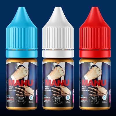 Flacons e-liquide Manu V2 10ml en bleu, blanc et rouge avec image de fumeur sur étiquette Flacons e-liquide Manu V2 10ml en bleu, blanc et rouge avec image de fumeur sur étiquette