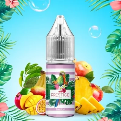 Flacon e-liquide Tropical Salt Prestige Fruits entouré de fruits exotiques et feuilles tropicales