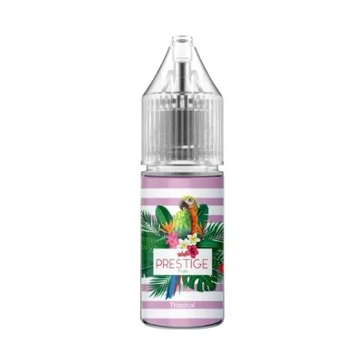 Flacon d'e-liquide Prestige Fruits Tropical Salt 10ml avec parrot et feuilles tropicales