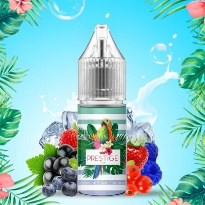 E-liquide fruité Prestige Fruits avec fruits rouges, glaçons et feuilles tropicales