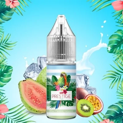 E-liquide tropical Prestige Fruits entouré de fruits exotiques et feuilles tropicales