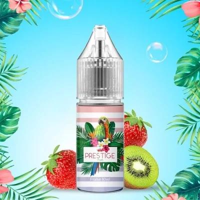 E-liquide fruité Prestige Fruits, flacon avec fraises et kiwi, décor tropical