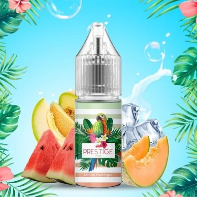 Flacon d'e-liquide Prestige Fruits entouré de melons, pastèque, feuilles tropicales et bulles